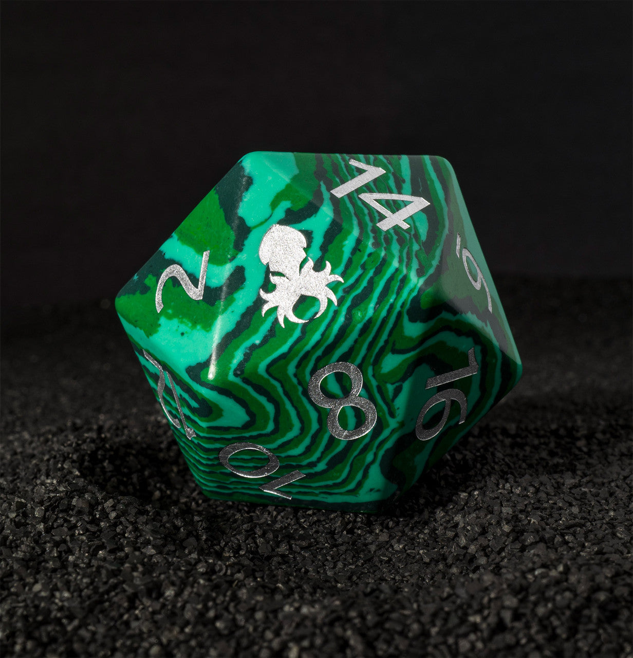 40mm Green Malachite Semi-Precious Single D20 with Kraken Logo