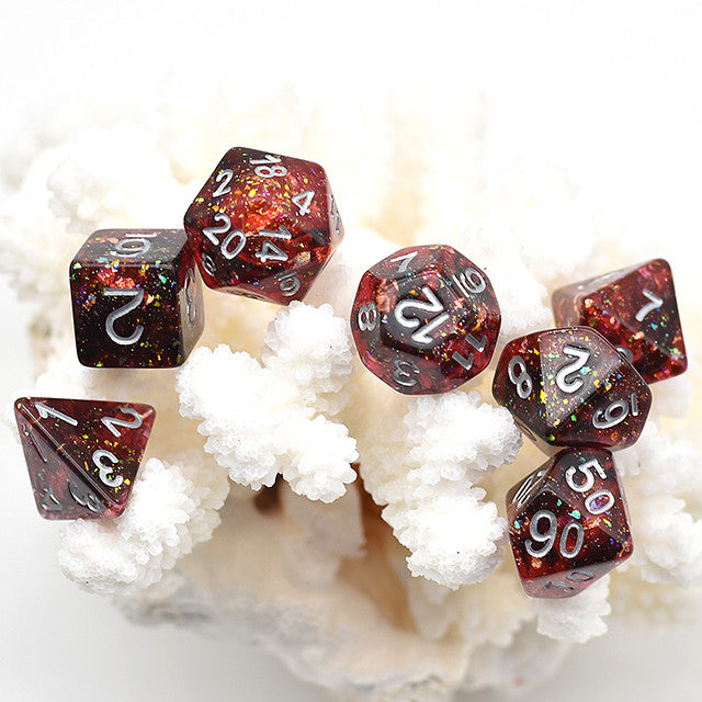 Burning Glitter filled with Silver ink 7pc Polyhedral Dice Set