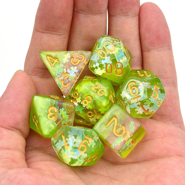 Dreamlike Green Puzzle Filled 7pc Polyhedral Dice Set