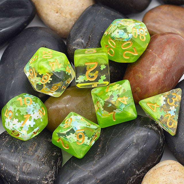 Dreamlike Green Puzzle Filled 7pc Polyhedral Dice Set