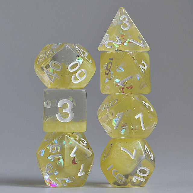 Yellow Shimmer Two Layer Dice Glitter filled 7pc Polyhedral Dice Set