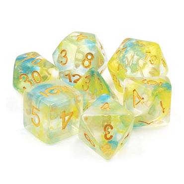 Yellow and Blue 7 pc Vapor Translucent Dice Set With Swirls