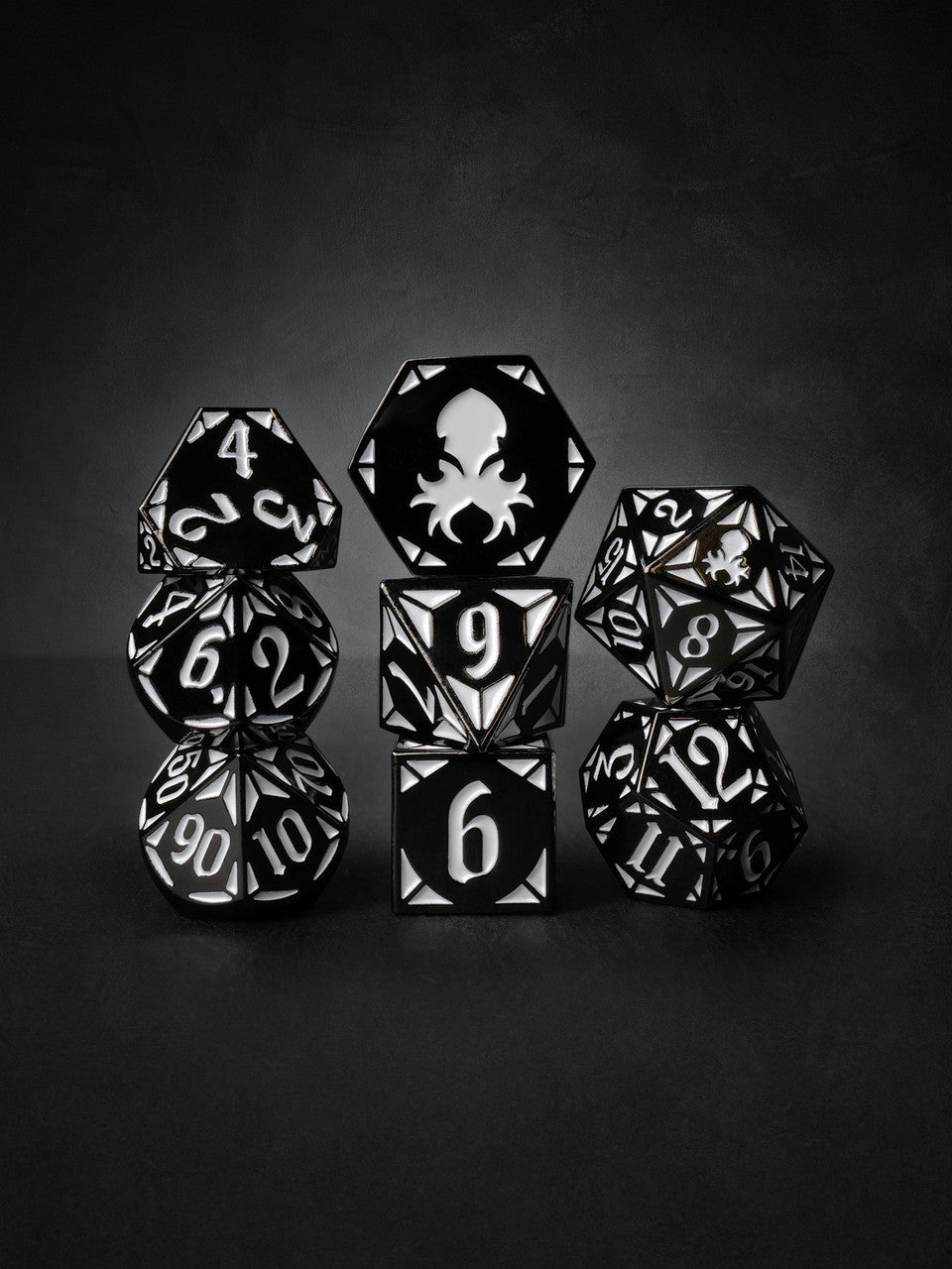 Paladin's Dark Rite 8pc Black with White TTRPG Dice Set