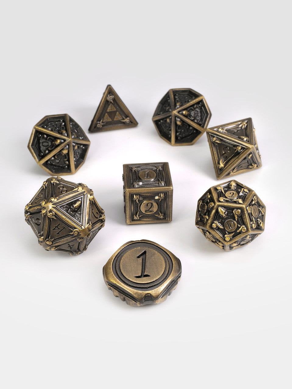 Geometric Horrors: Brass Golem Eyes TTRPG Dice Set