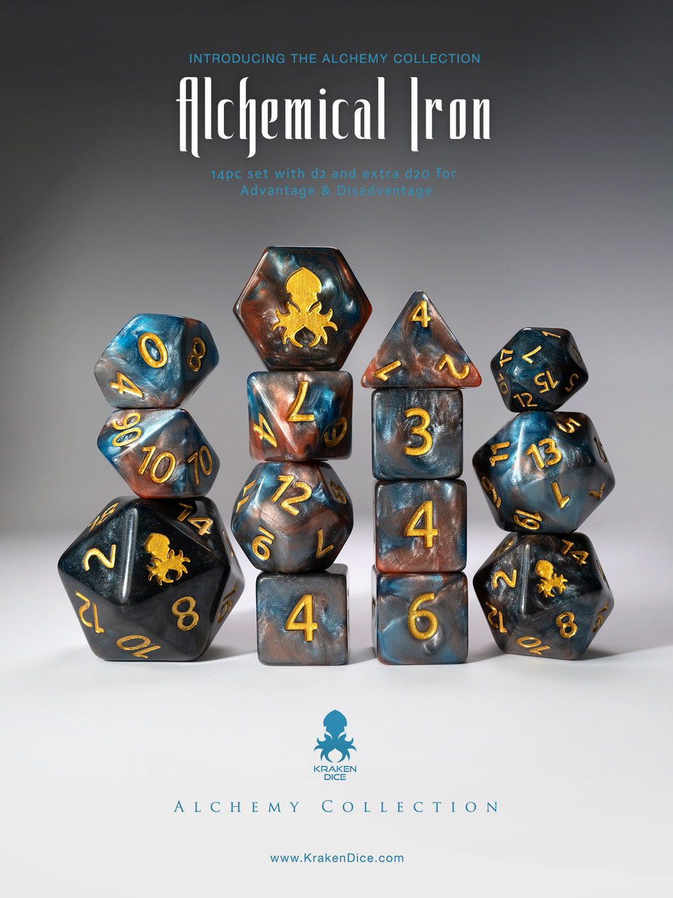 Alchemical Iron 14pc Blue and Red Gold Ink Dice Set