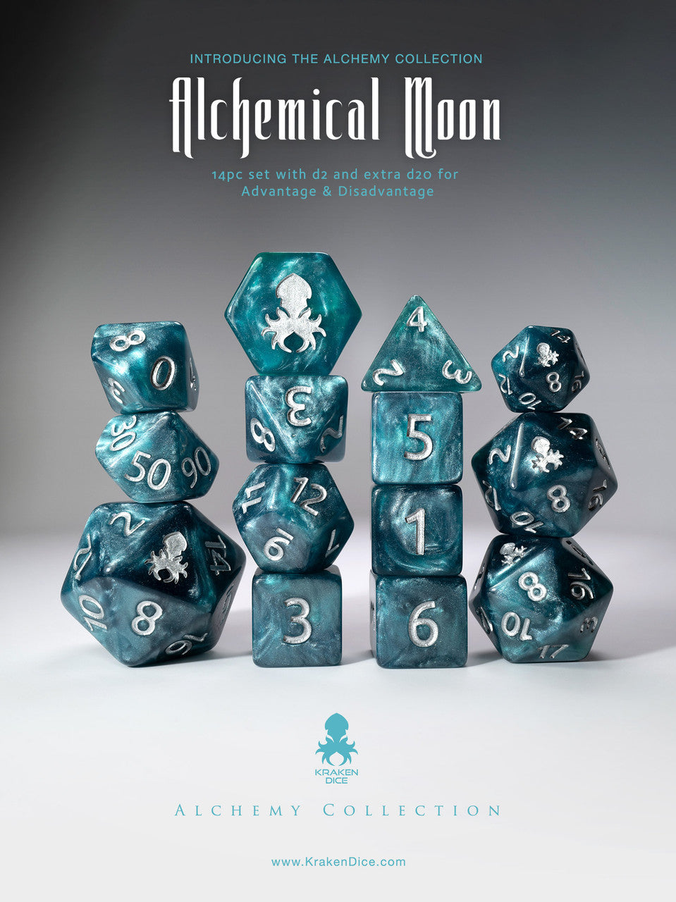 Alchemical Moon 14pc Dark Blue Silver Ink Dice Set
