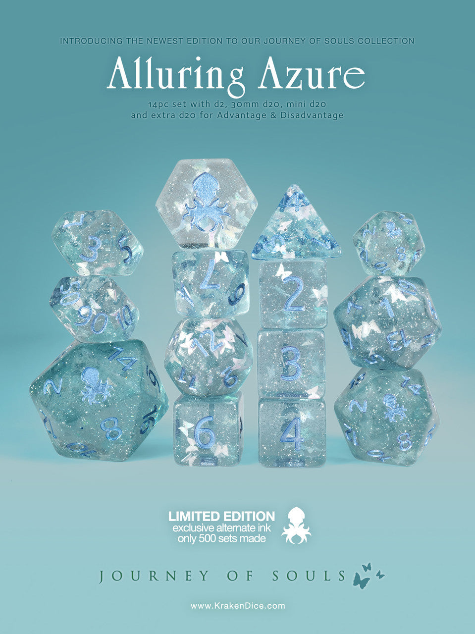 Alluring Azure 14pc TTRPG Dice Set With Blue Ink