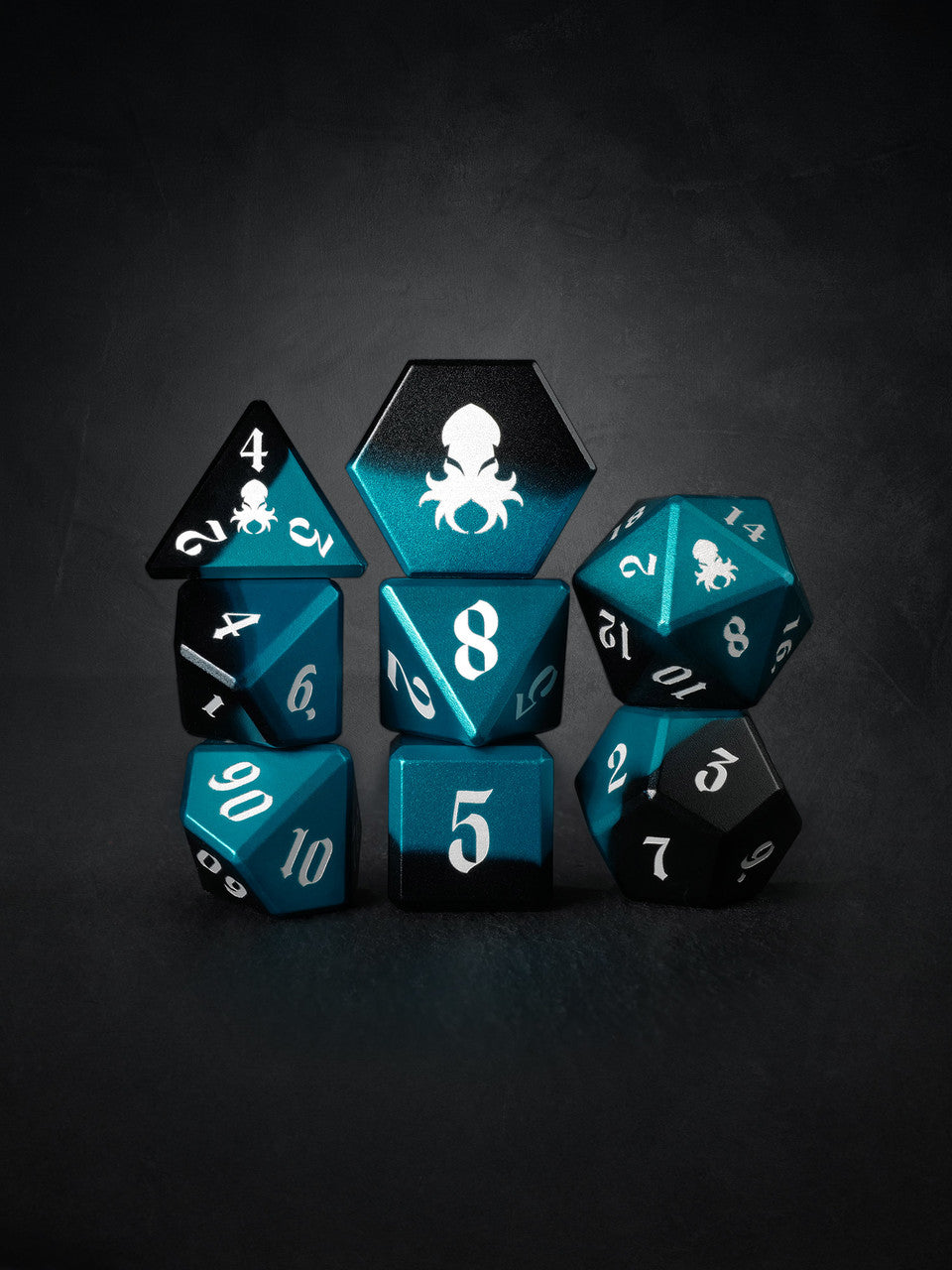 Vulcan: Azure Knight 8pc Black and Blue Precision Aluminum TTRPG Dice Set