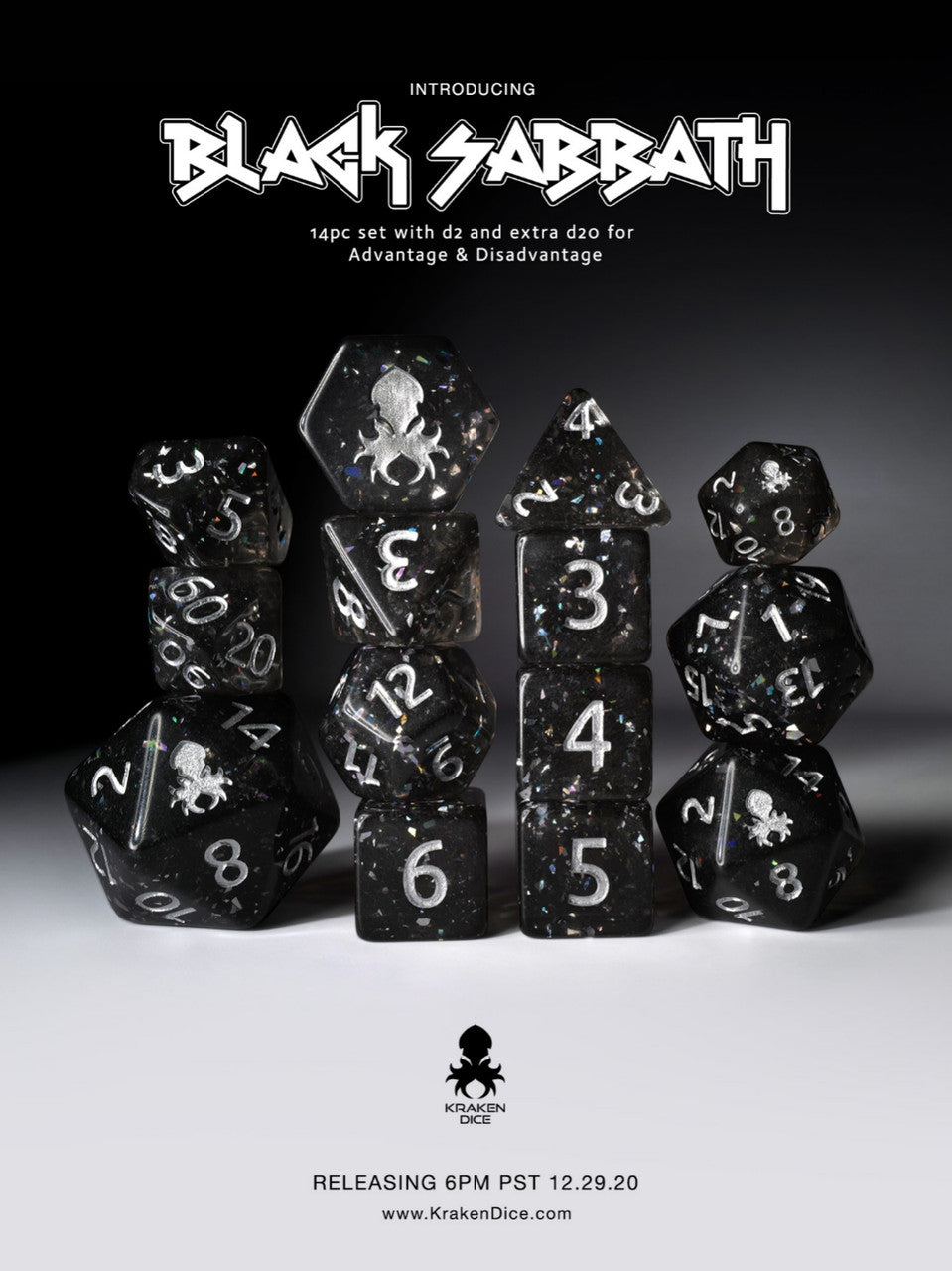 Black Sabbath Hologlitter Dice Set with Silver Ink