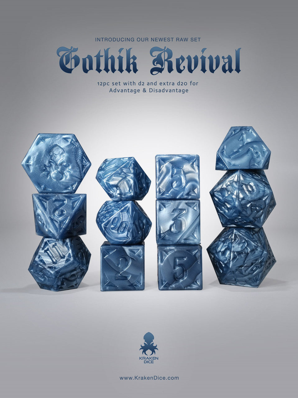 RAW Blue Gothik Revival RPG 12pc Dice Set