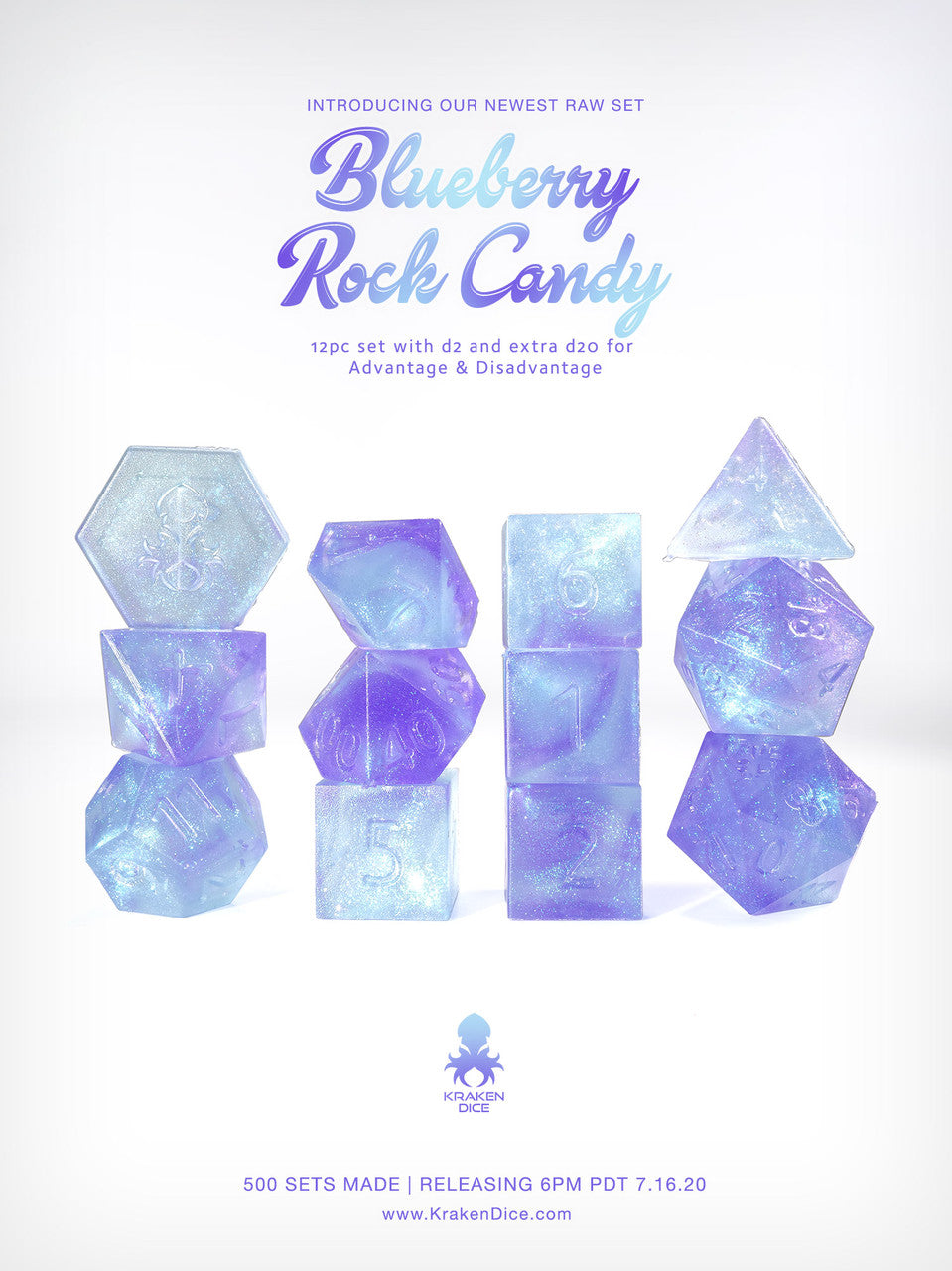 Kraken's Blueberry Rock Candy RAW 12pc Polyhedral Dice Set