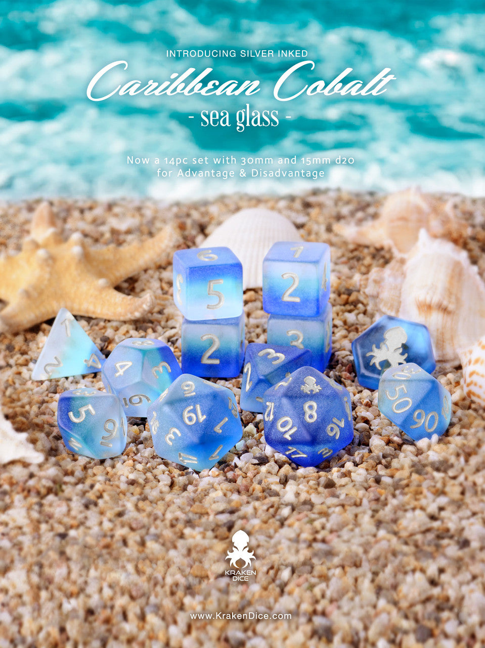 Caribbean Cobalt 14pc Dice Set inked in Silver