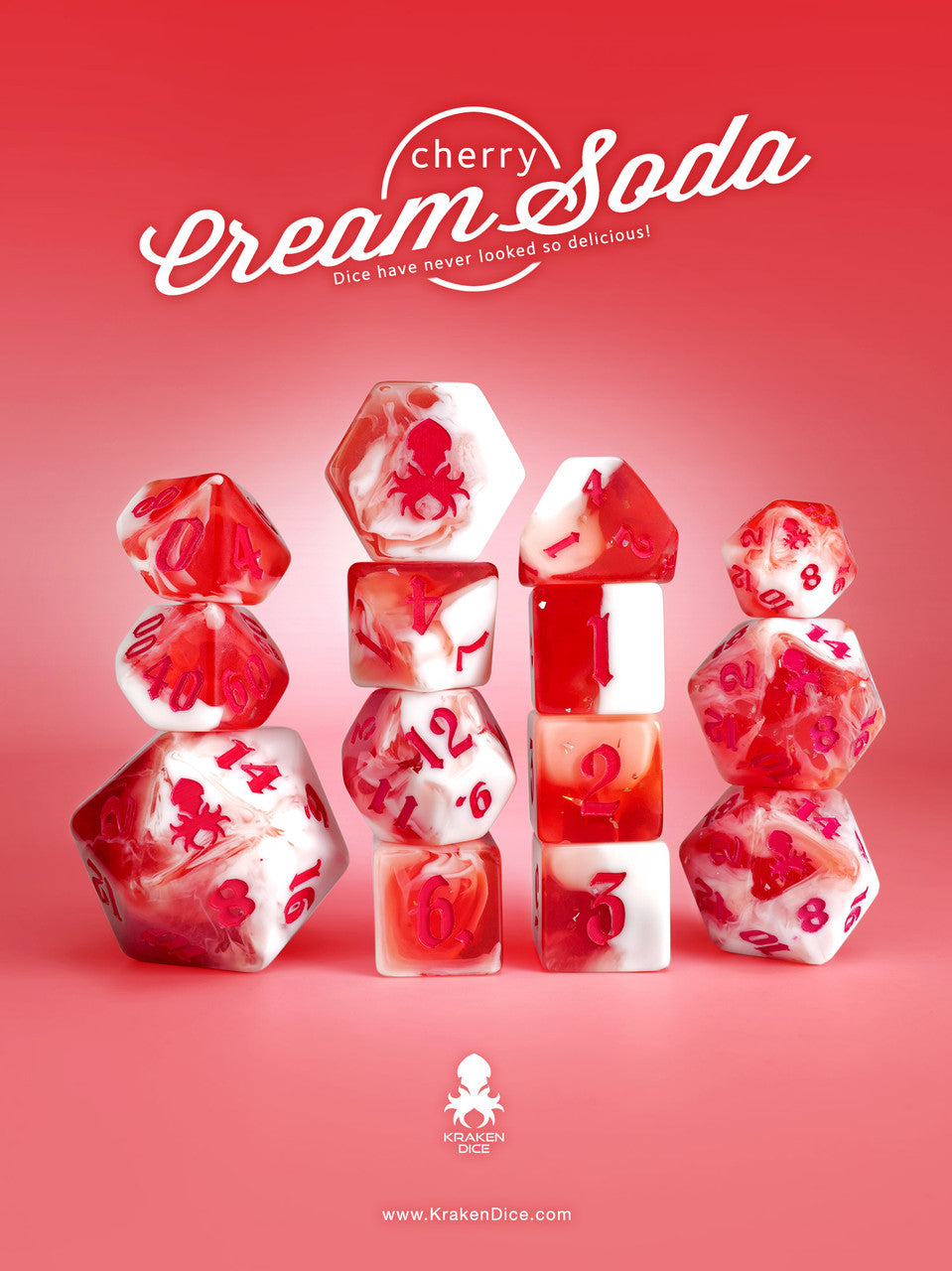 Cherry Cream Soda 14pc TTRPG Dice Set with Red Ink – Kraken Dice