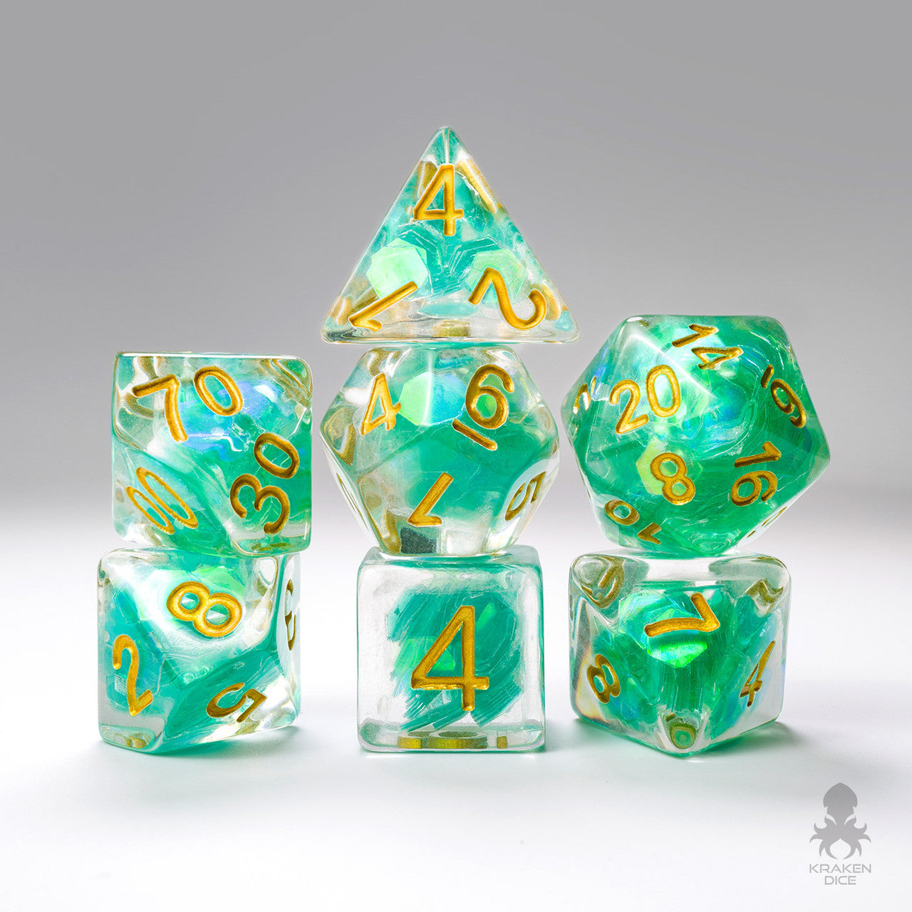 Green Sequin Filled 7pc Polyhedral Dice Set