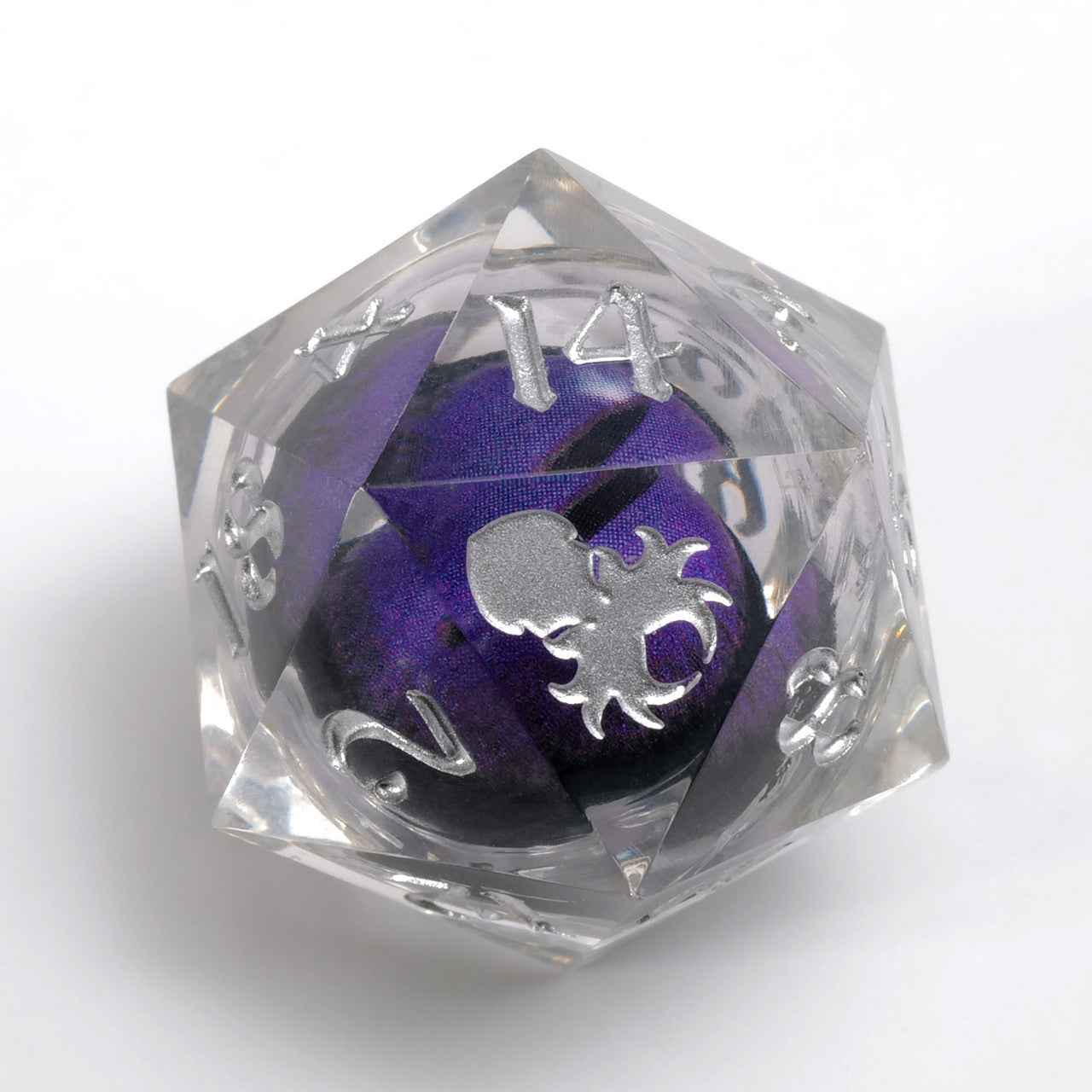 Dragon Eye: Purple Iris Single D20 w/ Silver Ink