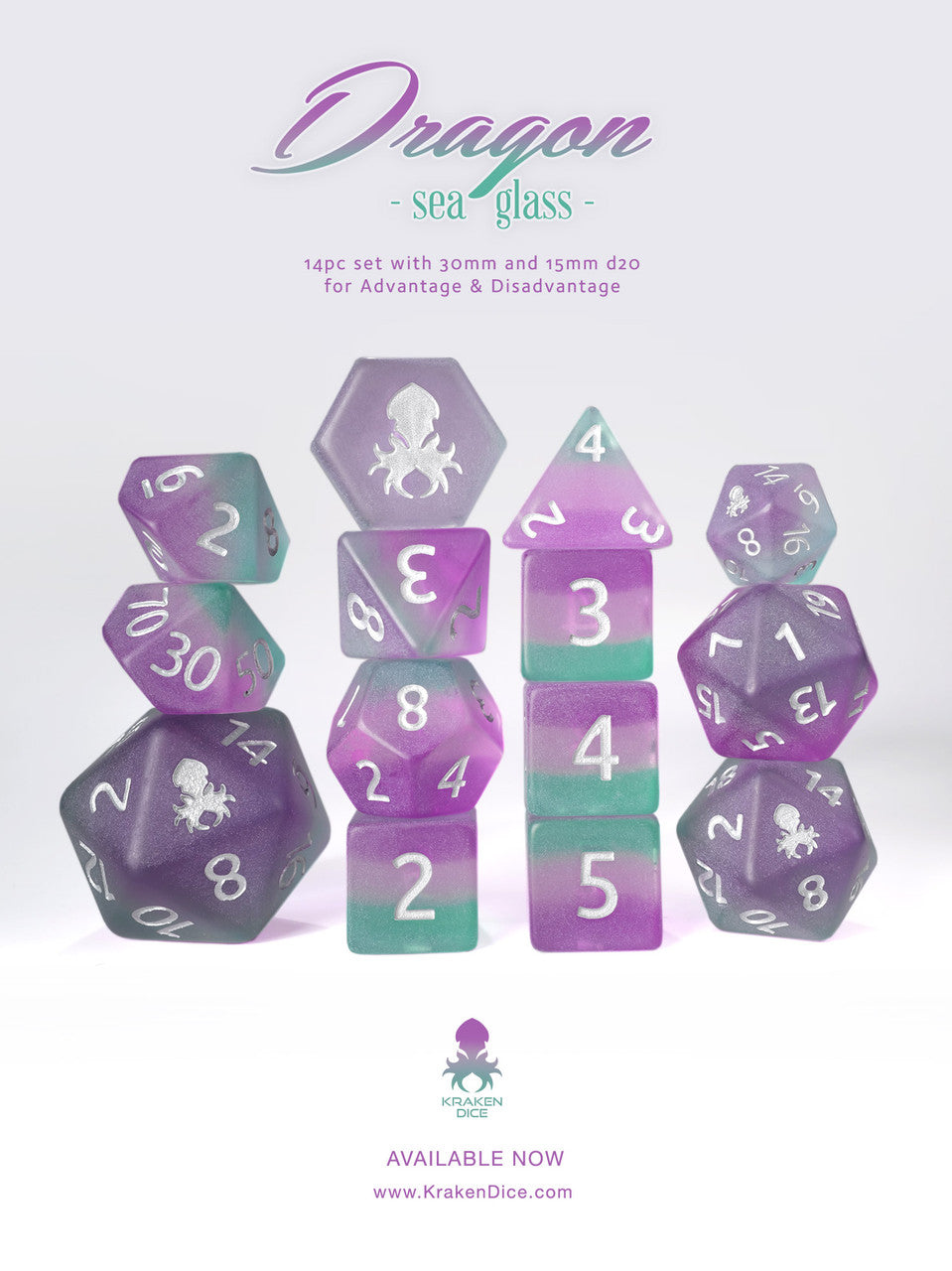 Dragon Sea Glass 14pc Silver Ink Matte Dice Set