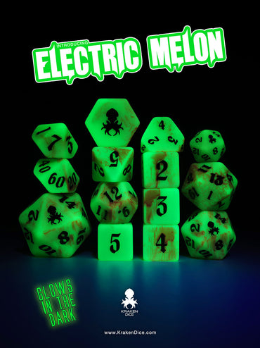 Electric Melon Glow in the Dark 14pc Dice Set inked in Green