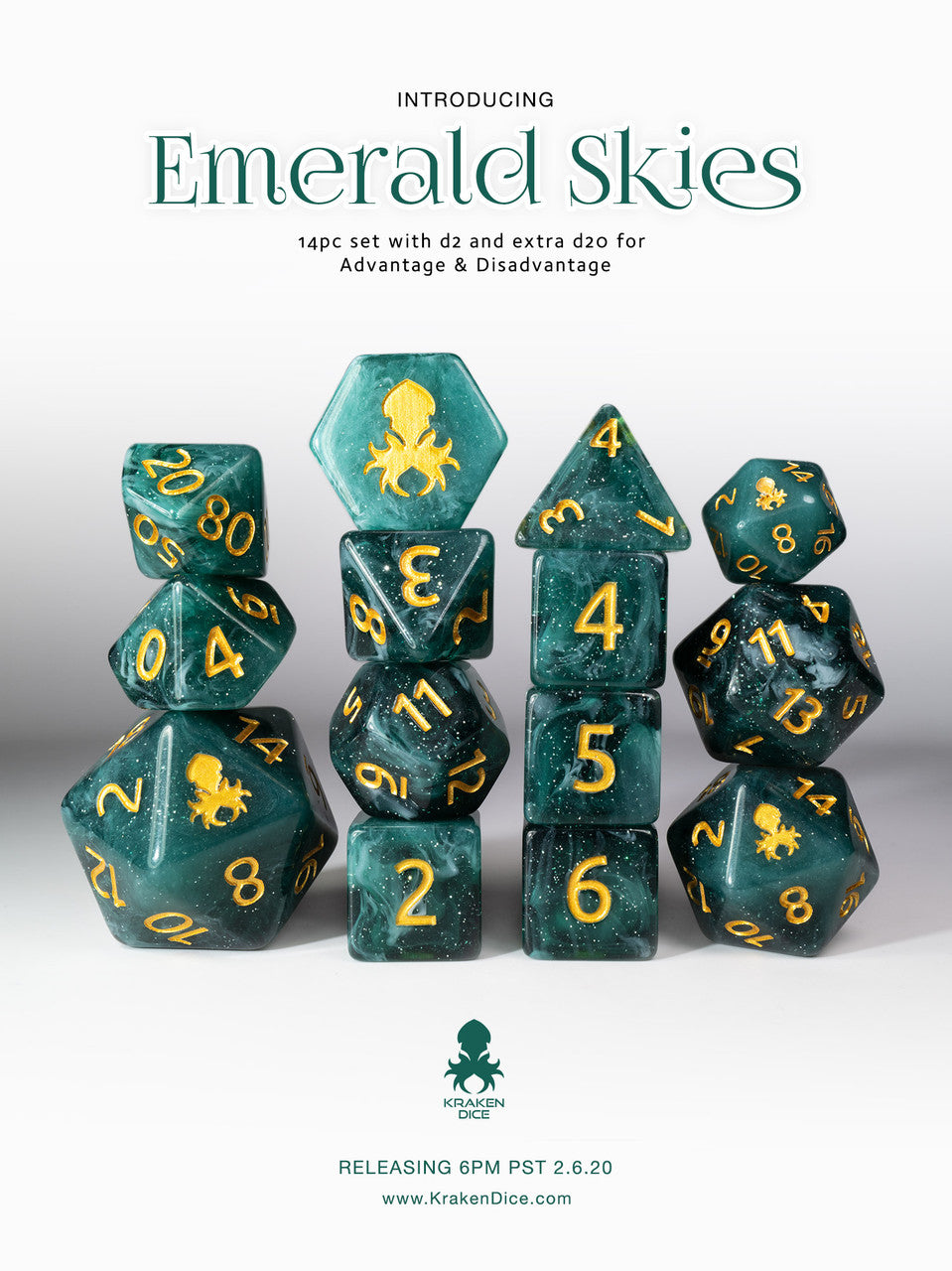 Emerald Skies 14pc Polyhedral Dice Set with Gold Ink