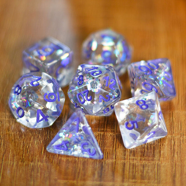 Flashing Plum Glitter Flower filled Polyhedral Dice Set