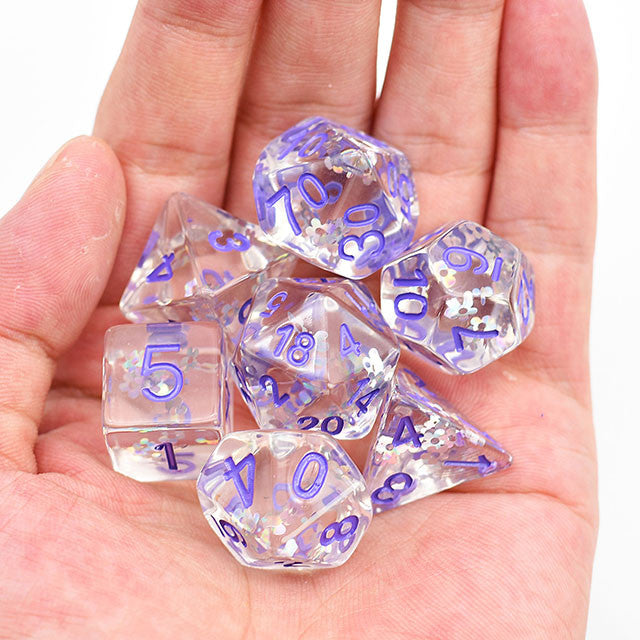 Flashing Plum Glitter Flower filled Polyhedral Dice Set