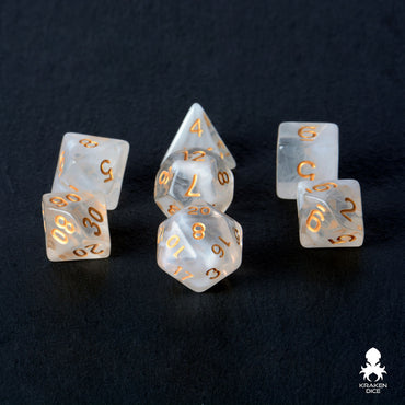 Morning Fog Translucent Dice With White Swirls and Gold Ink