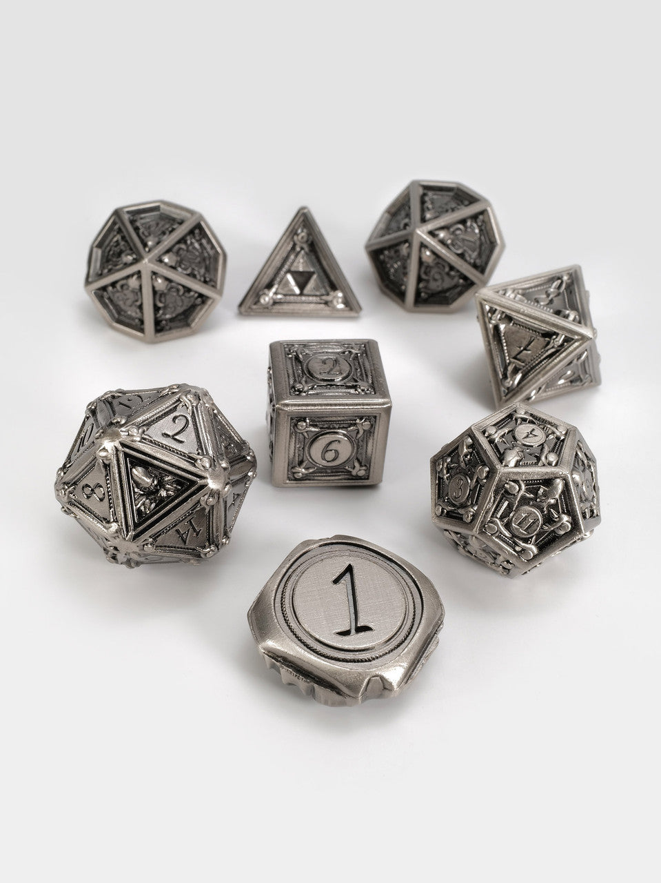 Geometric Horrors: Silver Golem Eyes TTRPG Dice Set