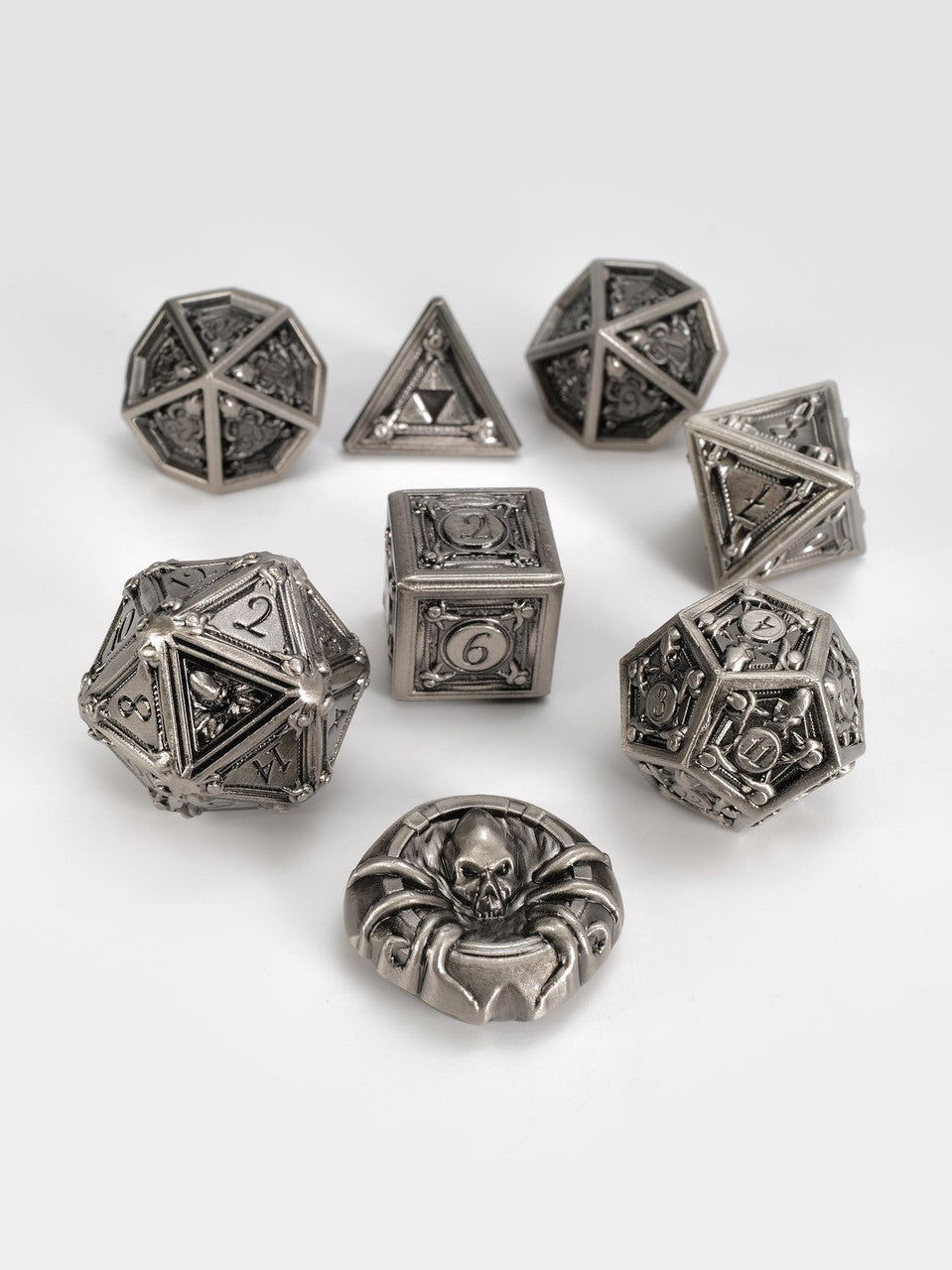 Geometric Horrors: Silver Golem Eyes TTRPG Dice Set