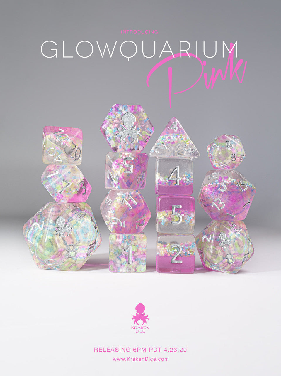 Glowquarium Pink 14pc Polyhedral Dice set with Glow in the Dark Particles