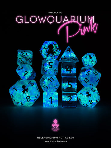 Glowquarium Pink 14pc Polyhedral Dice set with Glow in the Dark Particles