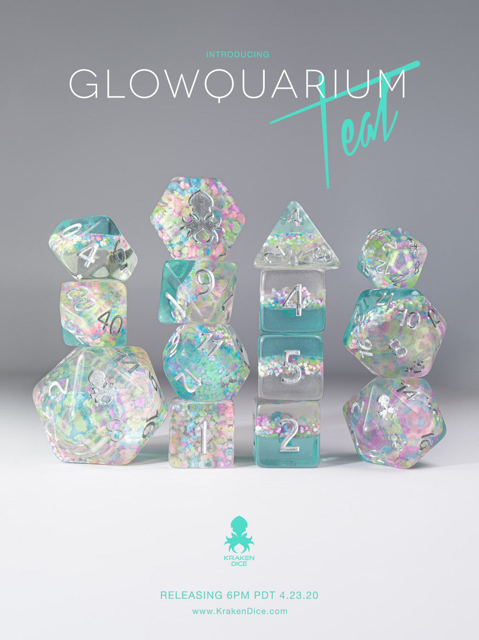 Glowquarium Teal 14pc Polyhedral Dice set with Glow in the Dark Particles
