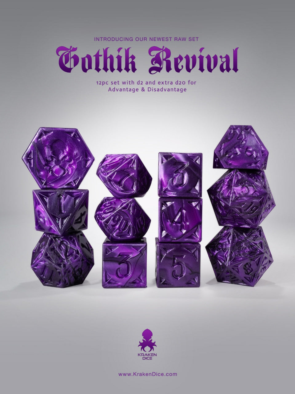 RAW Purple Gothik Revival RPG 12pc Dice Set