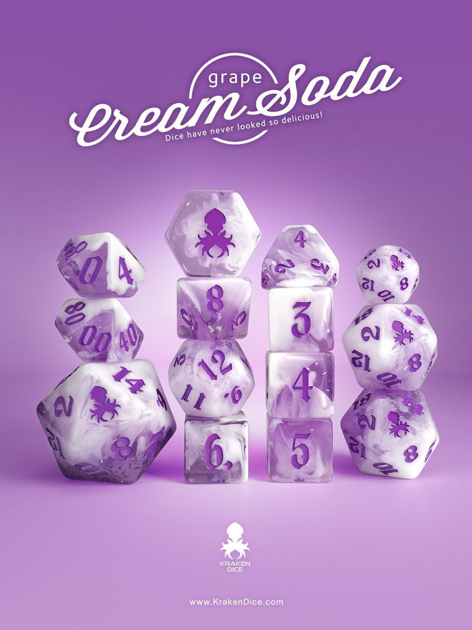 Grape Cream Soda 14pc TTRPG Dice Set with Purple Ink – Kraken Dice