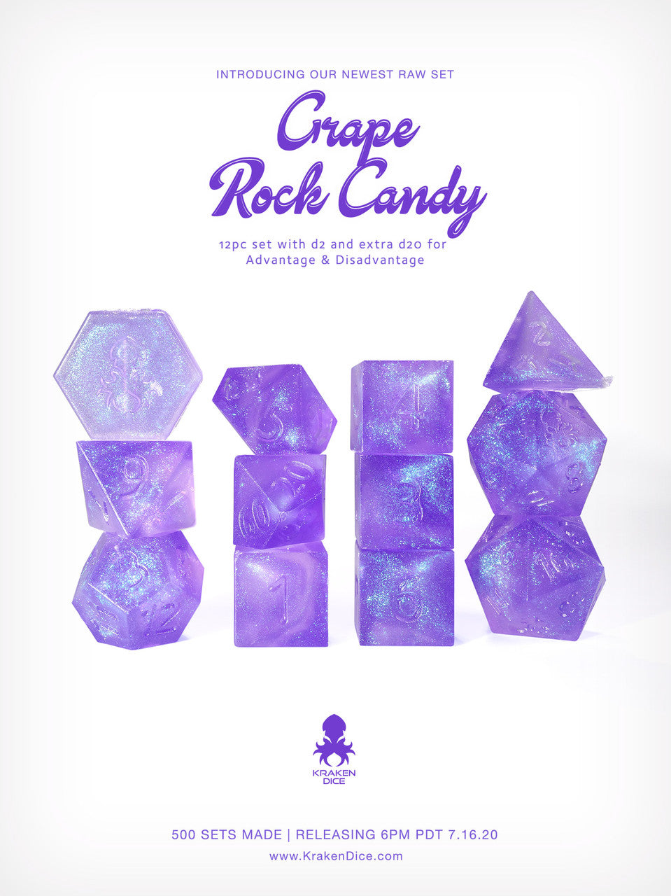 Kraken's Grape Rock Candy RAW 12pc Polyhedral Dice Set