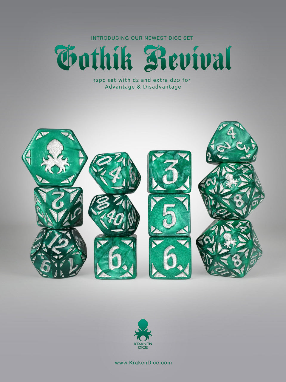 Green Gothik Revival RPG 12pc Dice Set