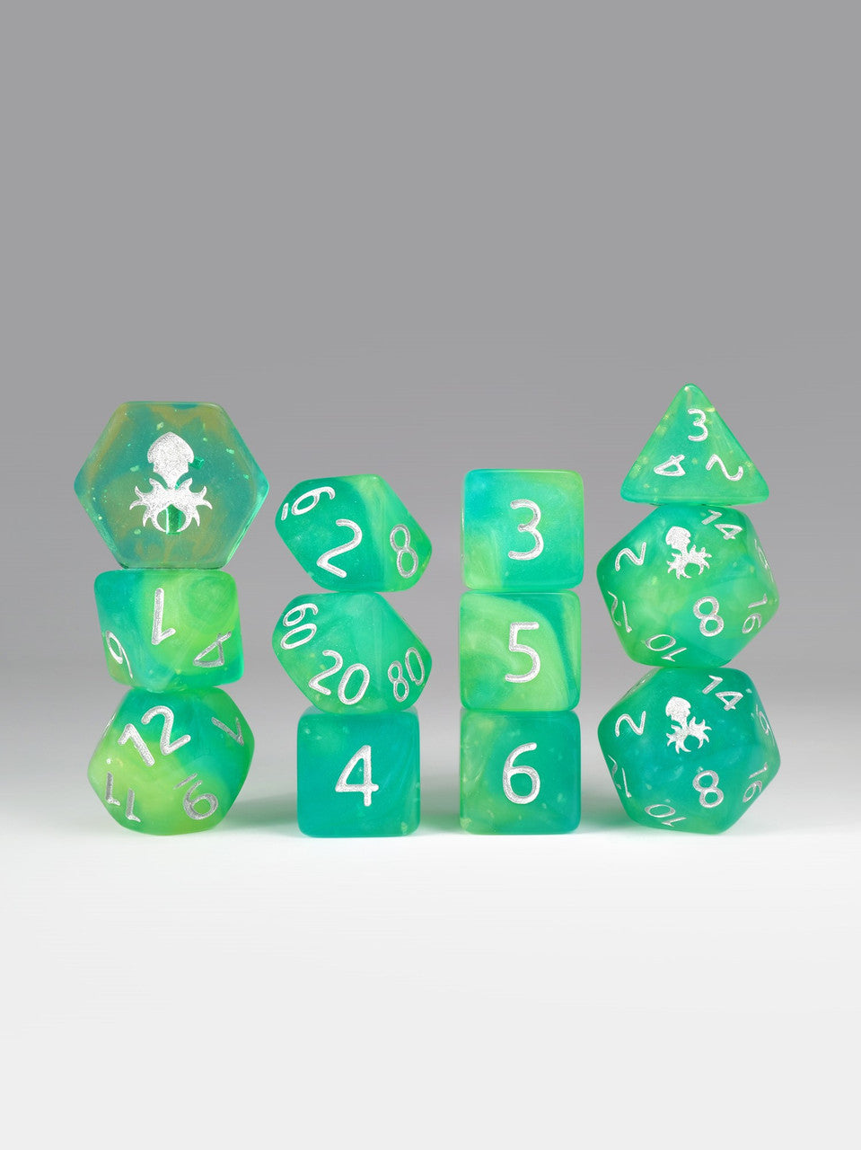 Green Apple Fizz 12pc TTRPG Dice Set with Silver Ink