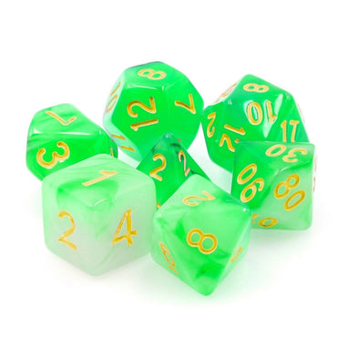 Green Milky 7pc Dice Set Set inked in Gold