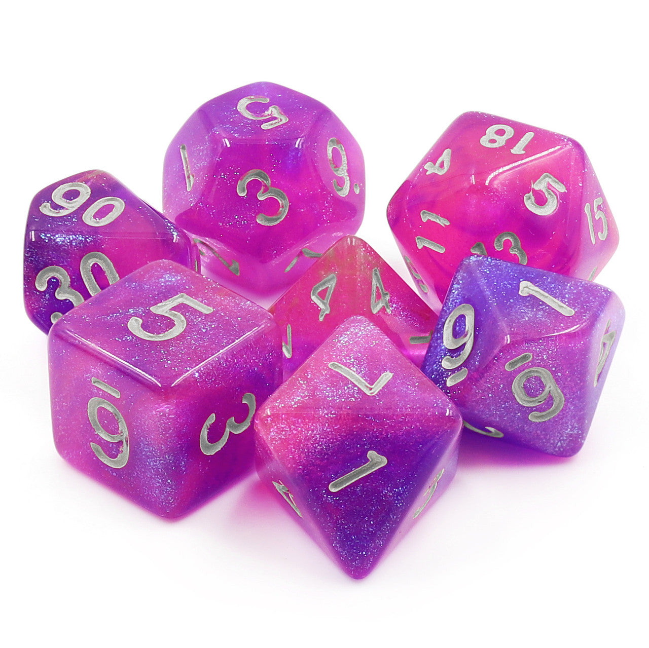 Royal Aurora 7pc Dice Set with Silver Ink