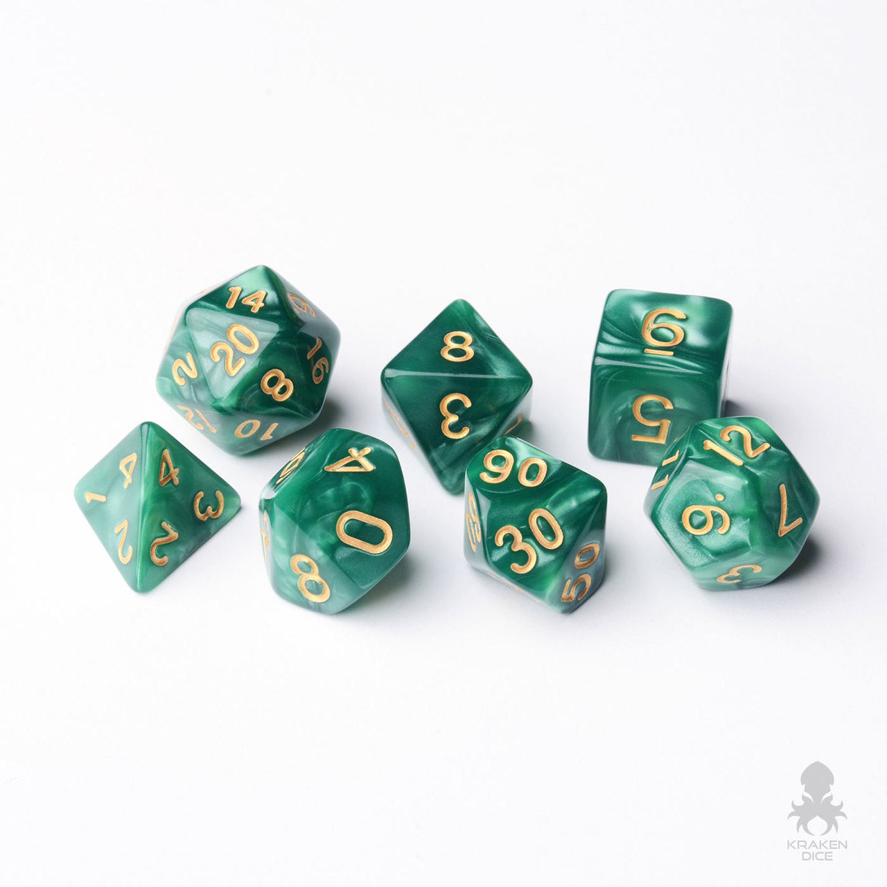 Green Pearl 7pc Dice Set Inked in Gold