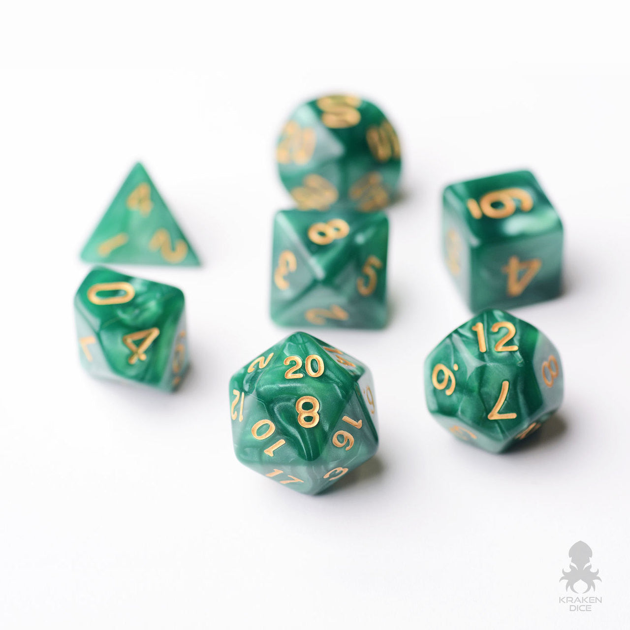 Green Pearl 7pc Dice Set Inked in Gold