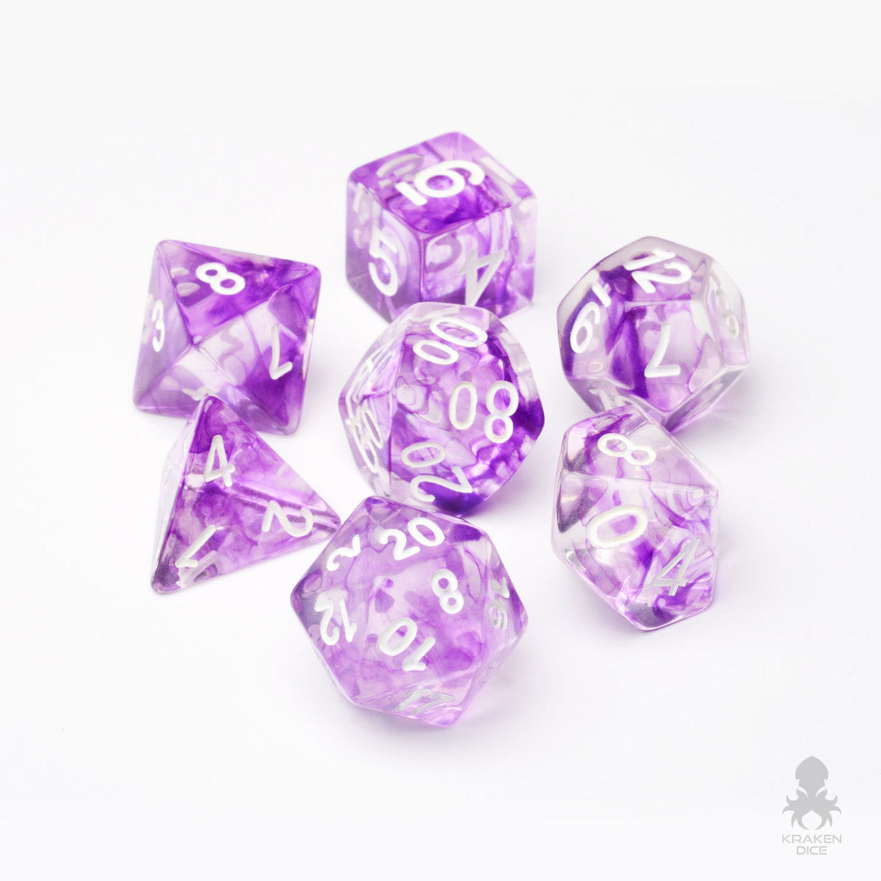 Nebula Purple 7pc Dice Set Inked in White