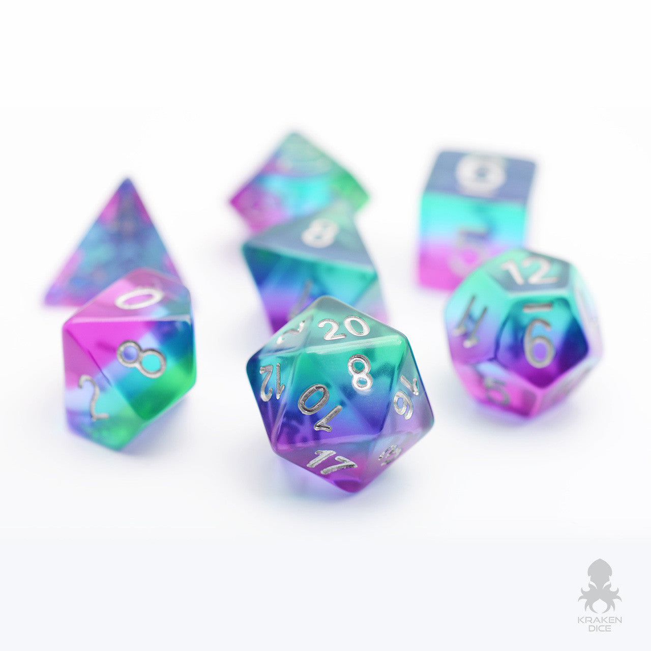 Mermaid Glass Translucent 7pc Dice Set inked in Silver