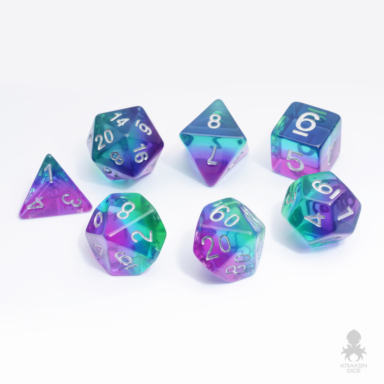 Mermaid Glass Translucent 7pc Dice Set inked in Silver