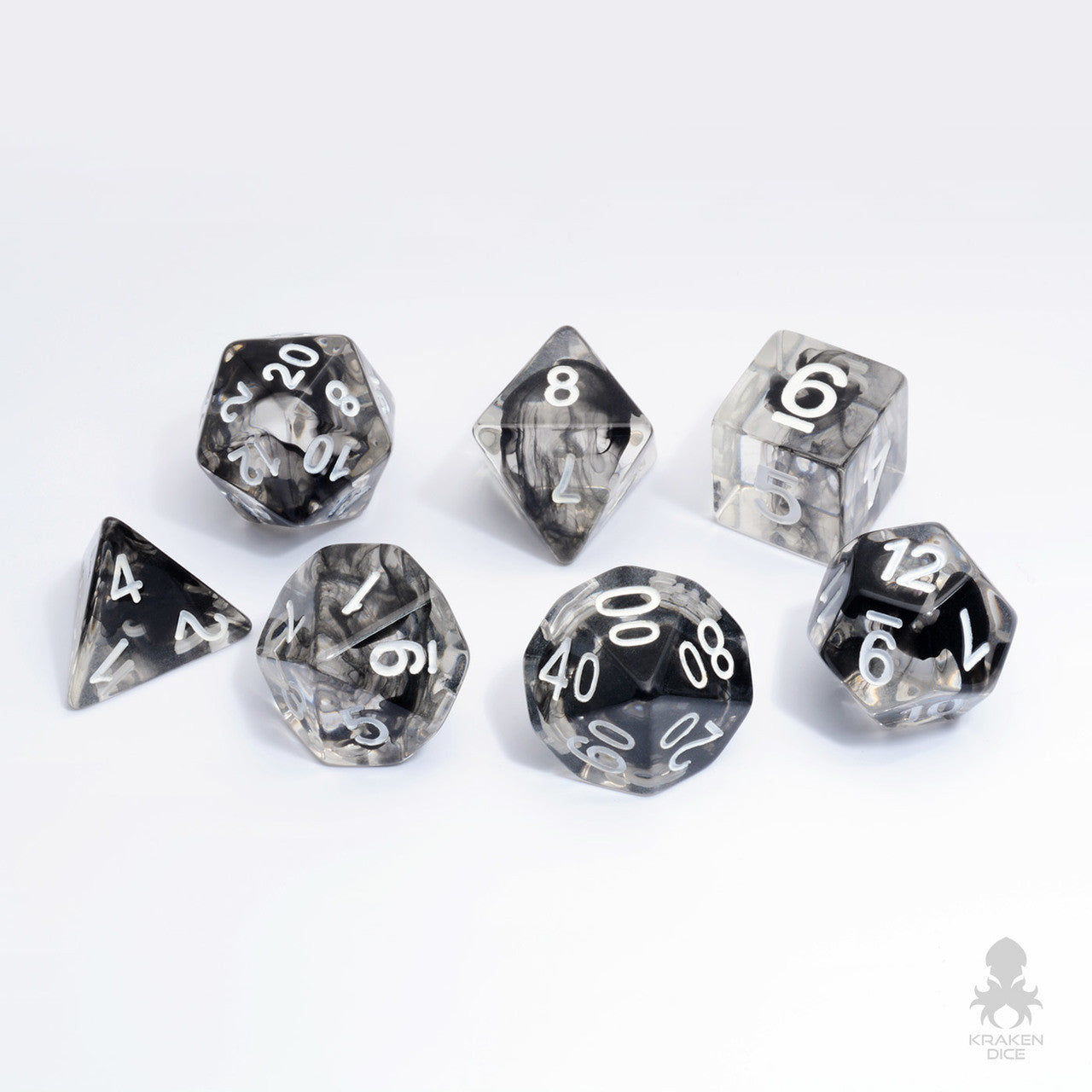 Translucent Vapor Dice w/ Black Swirls 7pc Dice Set