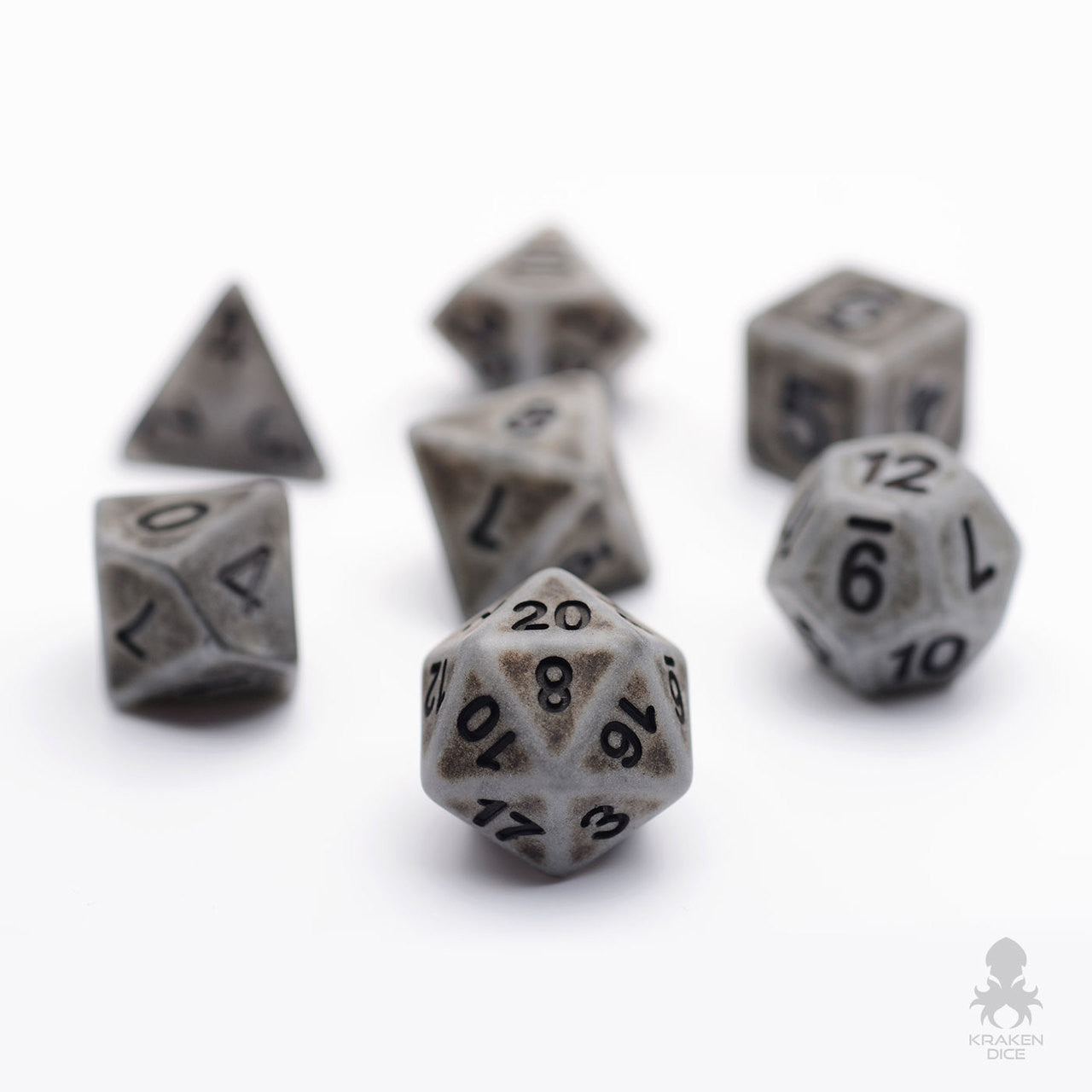 Ancient Silver 7pc Dice Set Inked in Black