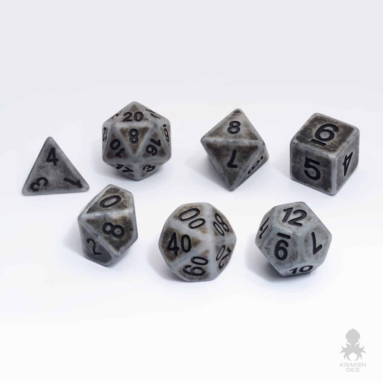 Ancient Silver 7pc Dice Set Inked in Black