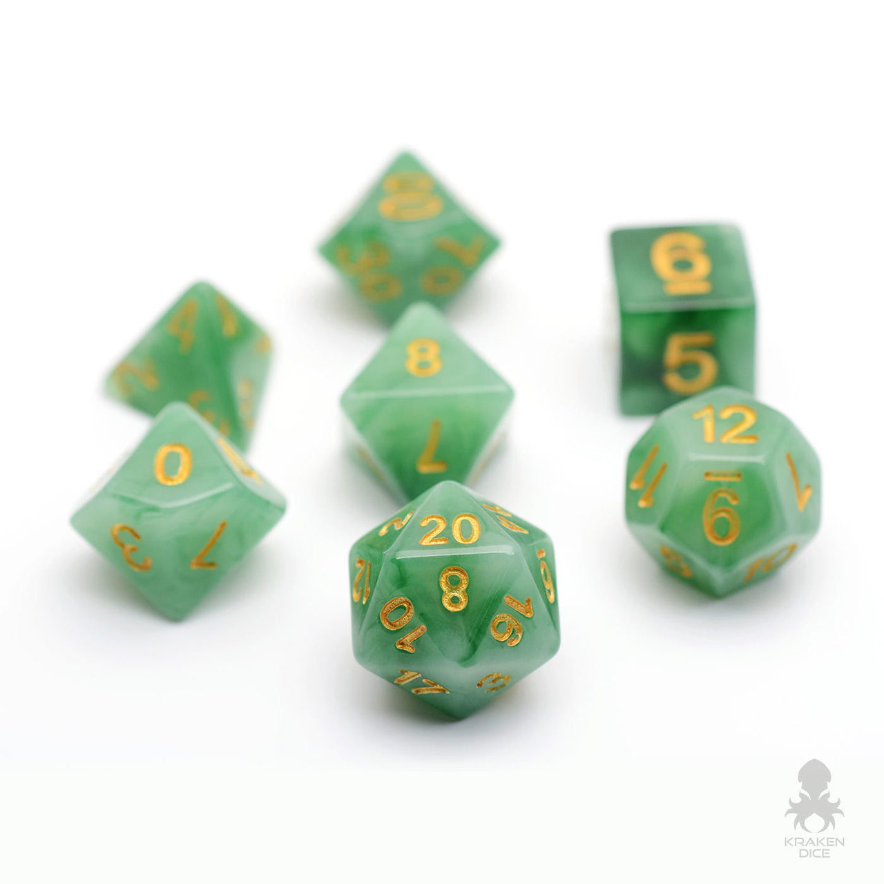 Faux Stone Green Jade 7pc Dice Set Inked in Gold