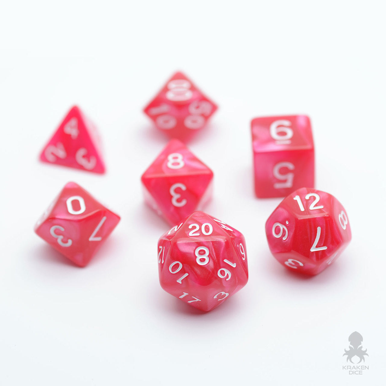 Rose Red Pearl 7pc Dice Set inked in White