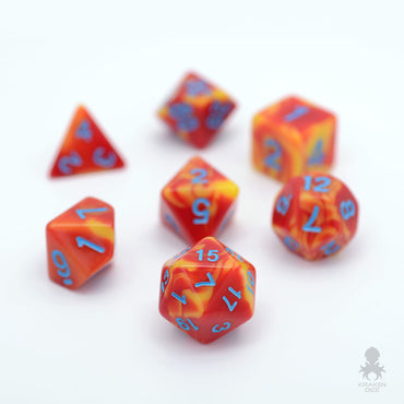 Orange & Red Fusion 7pc Dice Set Inked in Blue