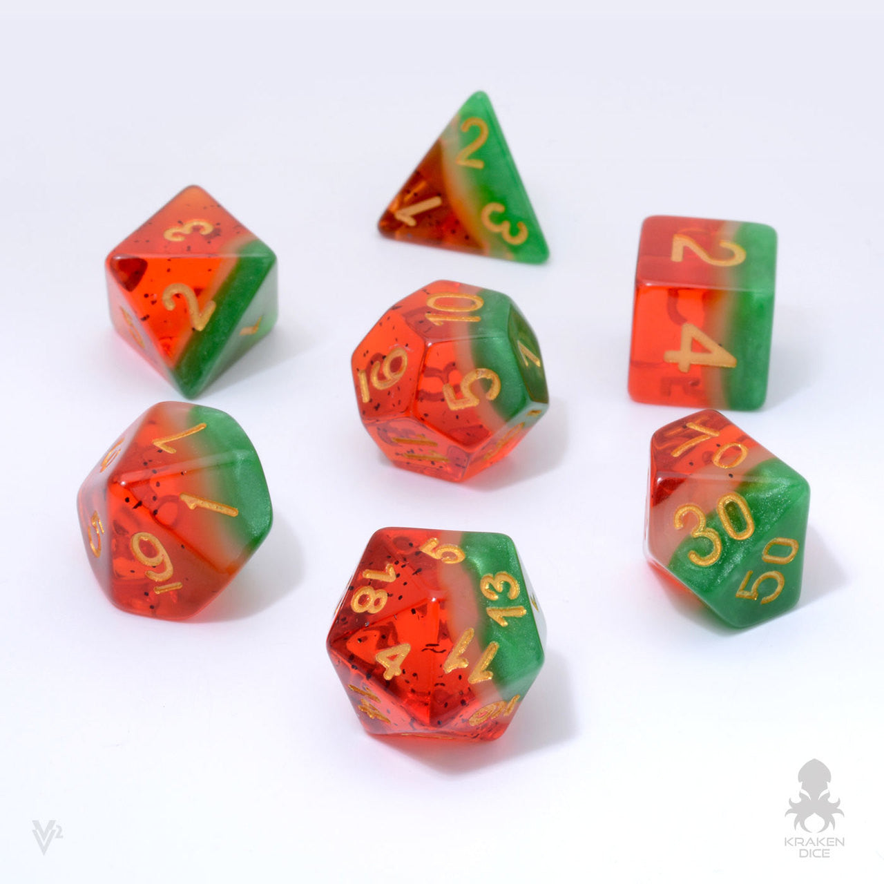 Watermelon 7pc Dice Set Inked in Gold