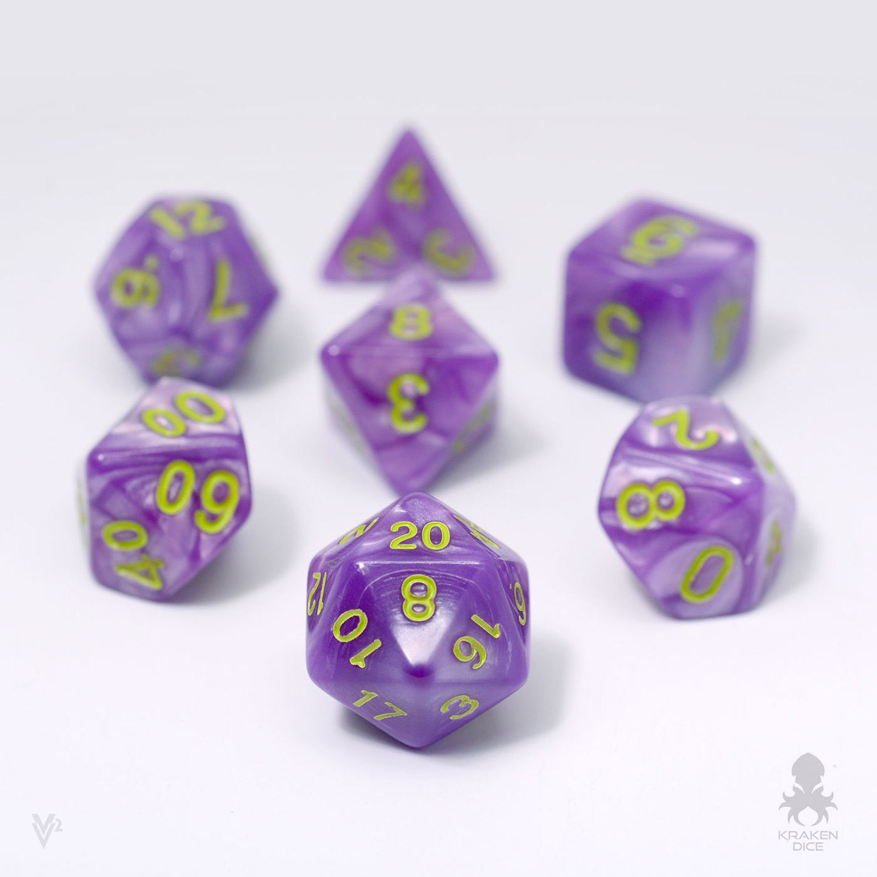 Light Purple Pearl 7pc Dice Set inked in Green